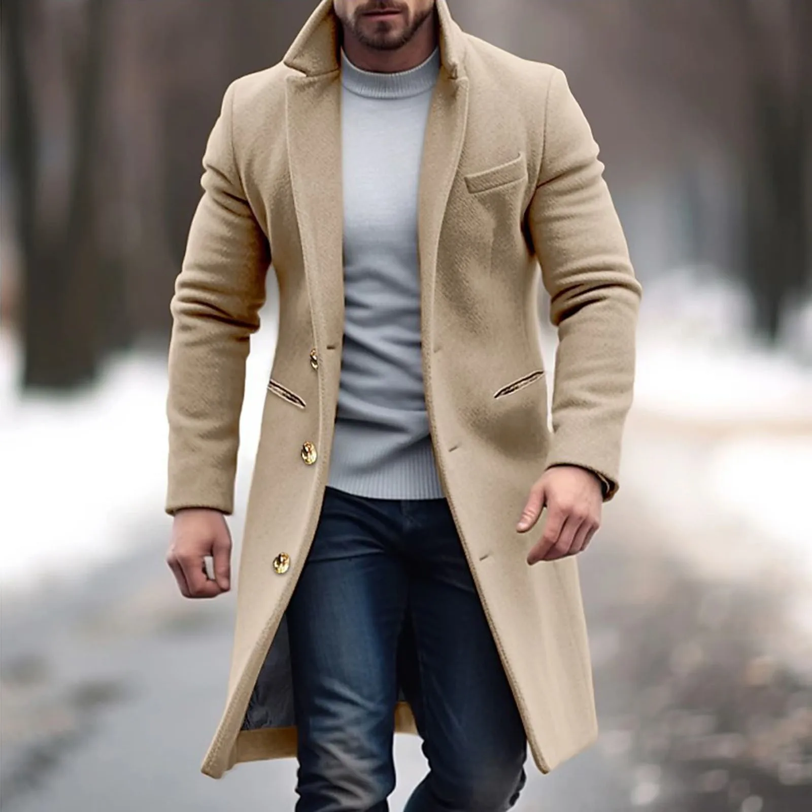 Woolen Mid Length Trench Coat Mens Fashion Jackets Men'S Coat Pocket Work Clothes Loose Fit Casual Long Sleeve Jacket Coat