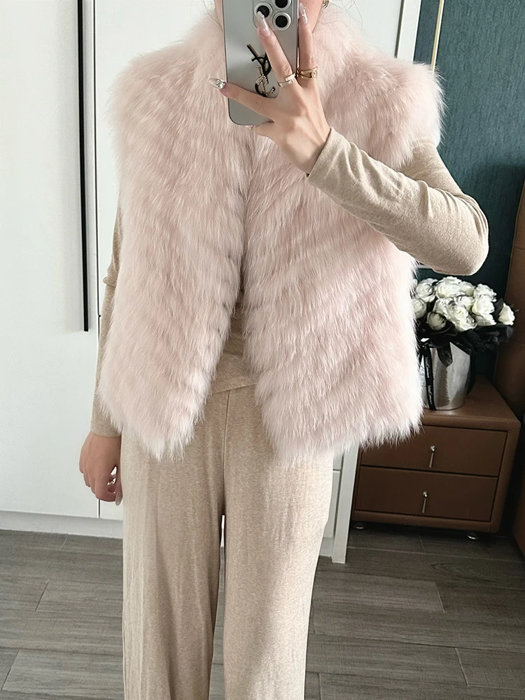 2025 Autumn Winter Warm Women's Vest Real Natural Fox Fur Strip Sewed Toghter Coat Thick Short Waistcoat Luxury Female Jacket