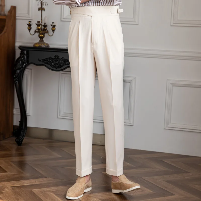 Spring Business Versatile Belt Trouser Gentleman Paris Button Pant Fashion Mens Dress Pant 2023  High Waist Straight Pants Men