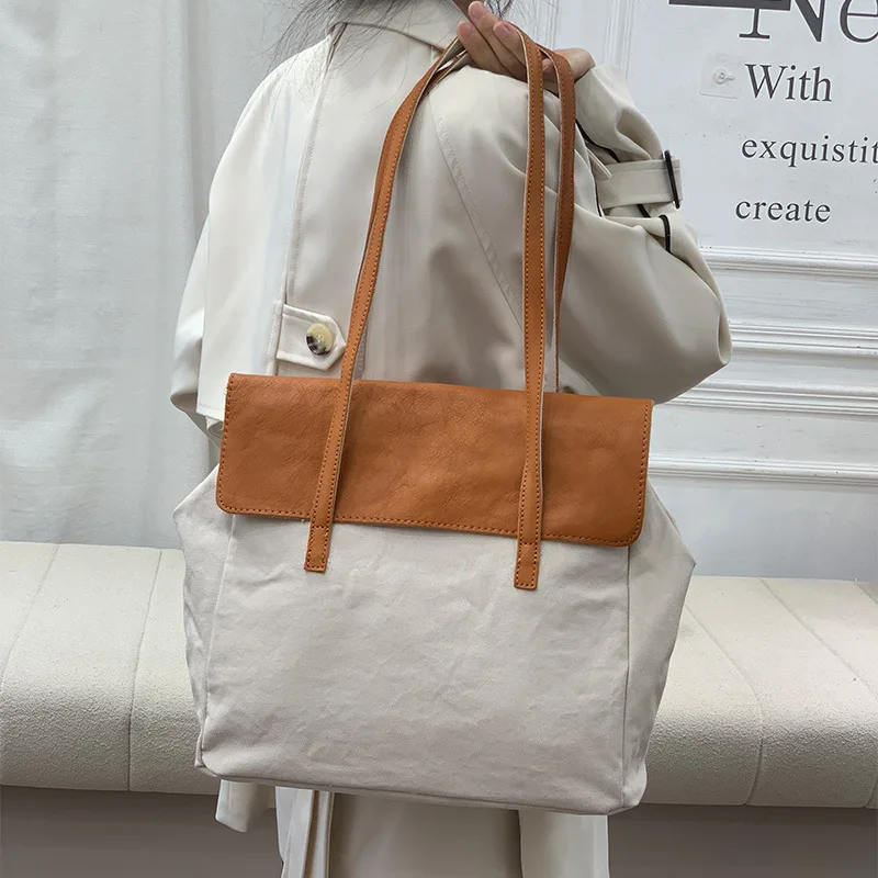 New women's canvas tote bag for commuting single shoulder women's bag bucket bag, convenient college-style large capacity bag