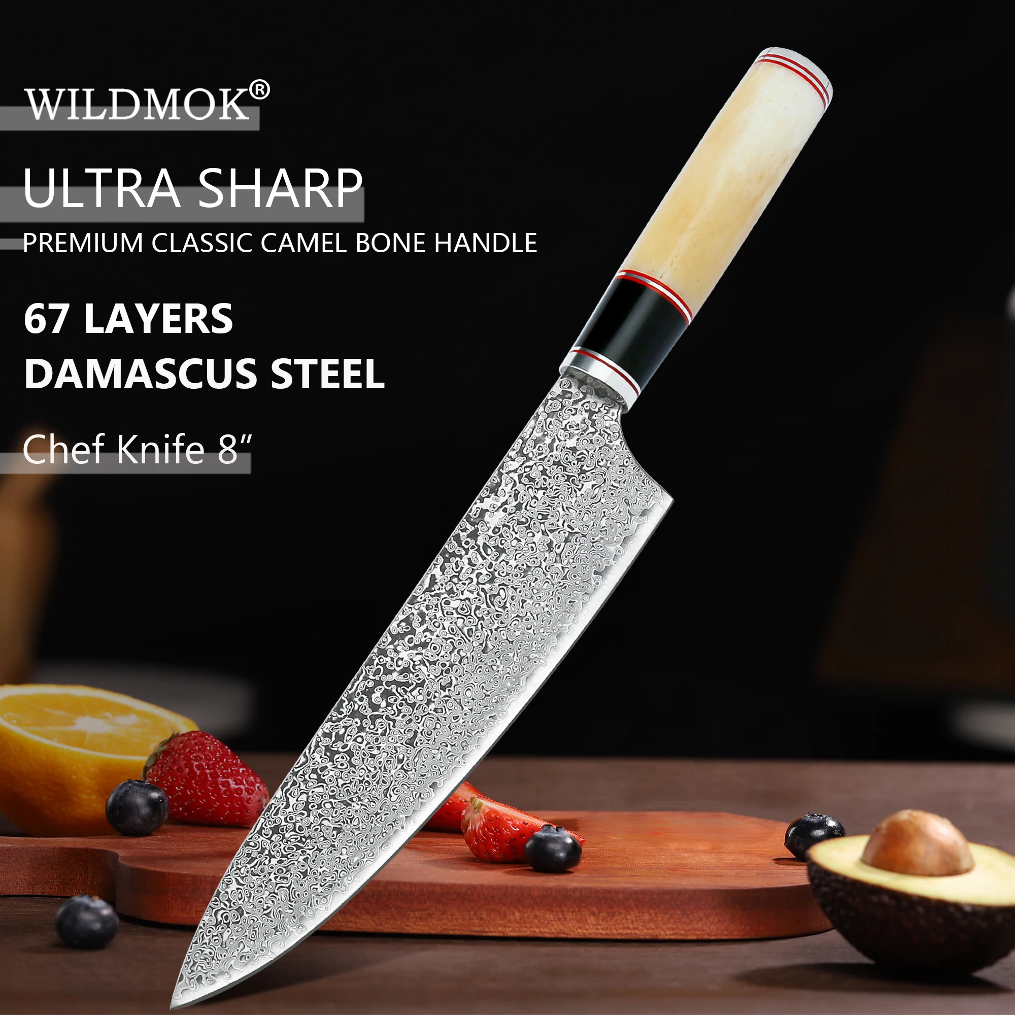 WILDMOK Premium Forged Damascus Steel Chef Knife 8 Inch,Damascus Steel Blade with Camel Bone Handle