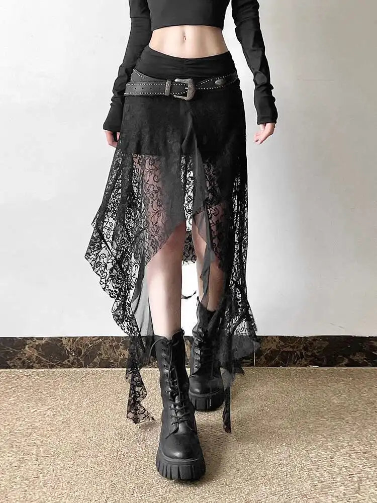 

Punk Style Goth Clothes women Lace Montage Skirt High Waist Irregular Mid Length Skirt Party Costume