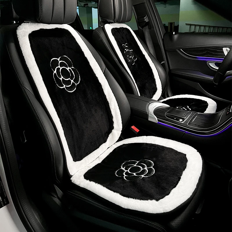 Winter Soft Plush Universal Car Seat Cover Classic Black White Camellia Flower Auto Seat Cushion Keep Warm Mats Car Accessories