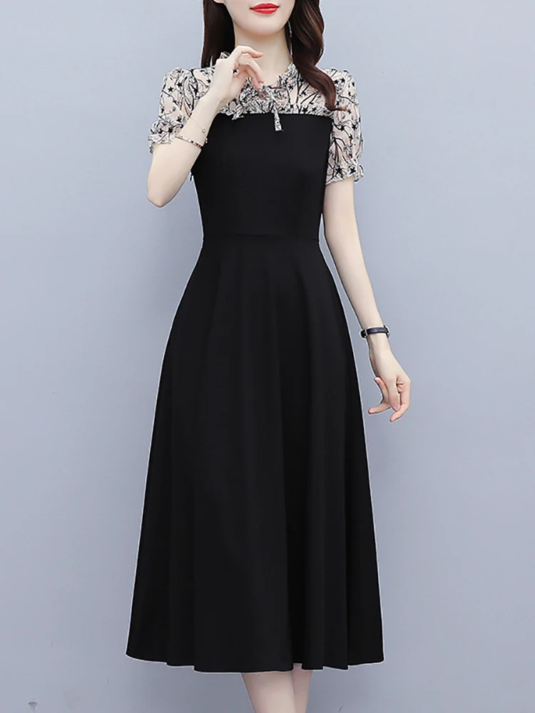 2024 Black Chic Ruffled Collar Midi Dress Summer Short Sleeve Elegant Women Bodycon Party Dress Korean Vintage Prom Night Dress