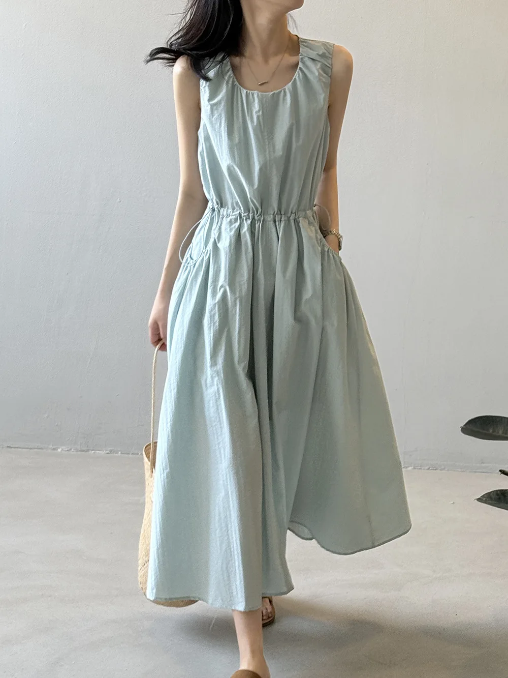 Elegant Women Drawstring Vest Dress Summer Round Neck Sleeveless Solid Color Loose Long Dress Female Maxi Sundress