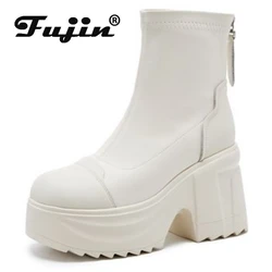 Fujin 10cm Microfiber Synthetic Women ZIP Ankle Motorcycle Thick Soled Chunky Heels Platform Booties Autumn Ankle Spring Shoes