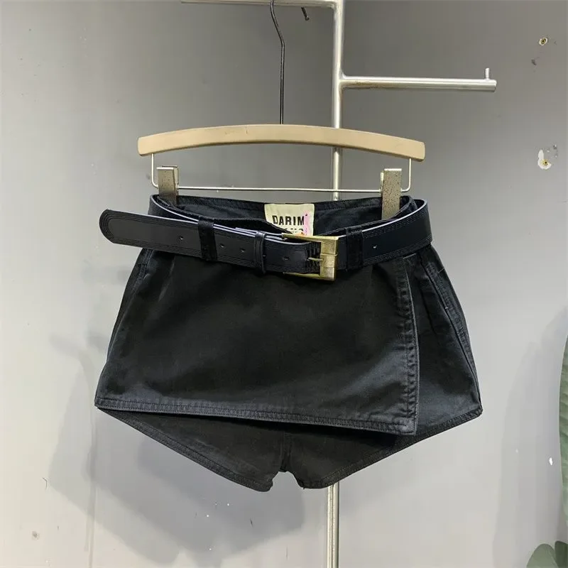 Women's 2025 New Style Stitching Retro High-quality Fake Two-piece Design Denim A-line Hot Pants