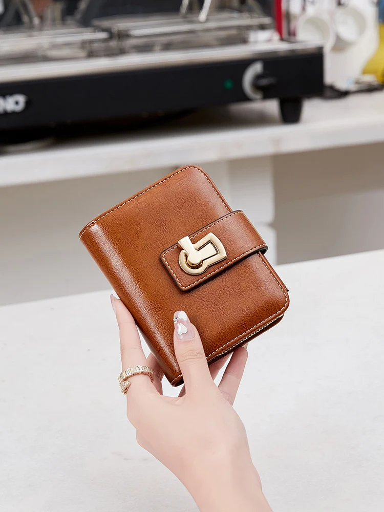 RFID Retro Damen-Geldbörse, dreifache kurze Geldbörse, PU-Leder, multifunktionale Twist Lock-Kreditkarten-Geldbörse und Geldbörse