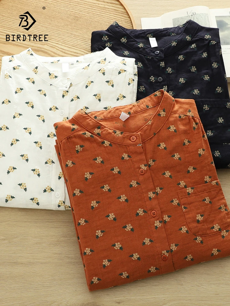 

New 2026 Spring Women Cotton Yarn Long Sleeve Shirt, Stand Floral Print, Mori Girl Fashion Breathable Thin Loose Blouse T63691CC