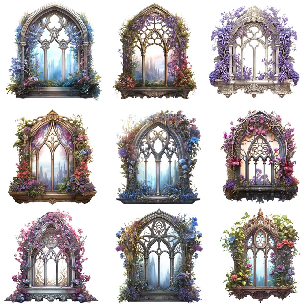 15cm Gothic Flower Stained-glass Window Diy DTF Heat Transfer Sticker T-shirt Clothes Decals Iron On Transfer Stickers