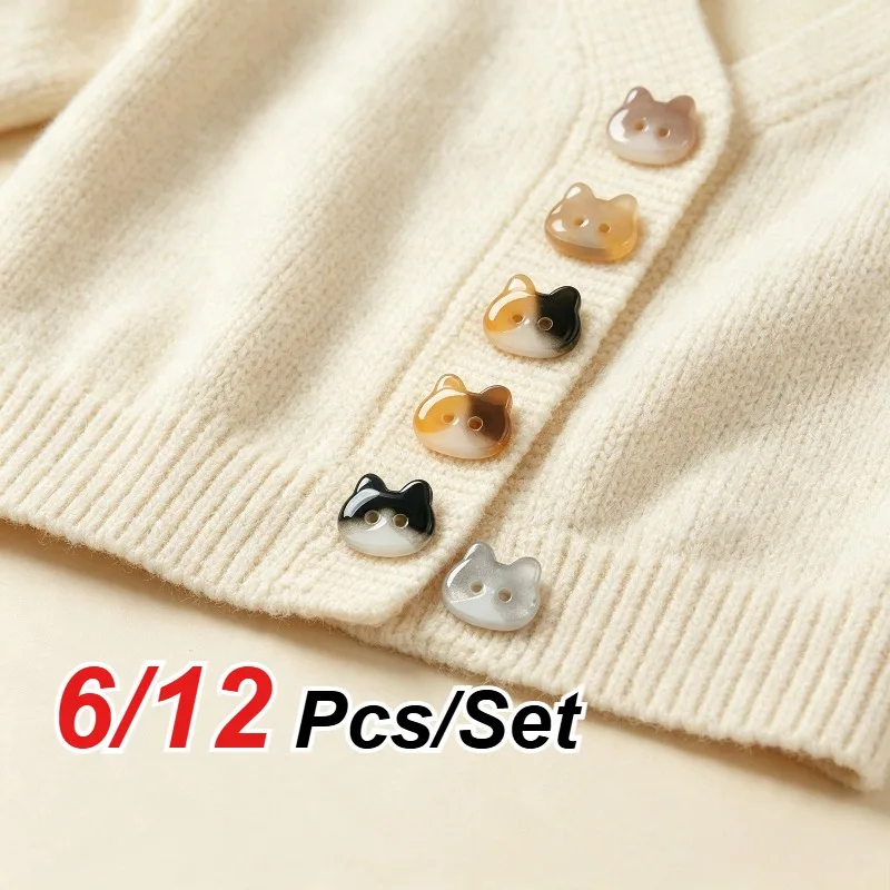 6/12 PCS Cute Color Blocked Kitten Head Button Creative Design Handmade Sewing Accessories, Be Used for Clothing DIY Decoration