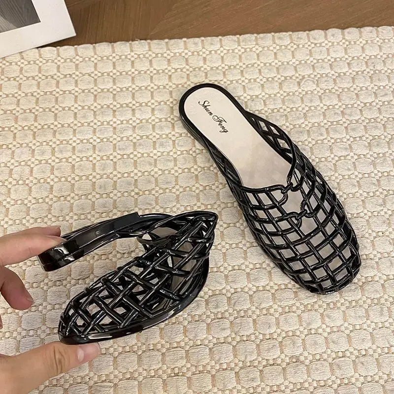 

Minimalist Jelly Mules Women Hollow Woven Clear Slides Cage Weave Slippers Woman Monochrome Summer Beach Shoes Outdoor Slippers