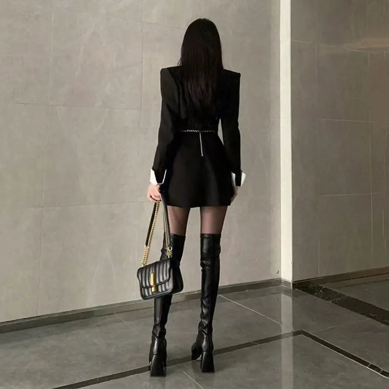 Black suit two-piece women's short coat A-line high waist slit dress fashion high-quality office suit two-piece elegant dresses