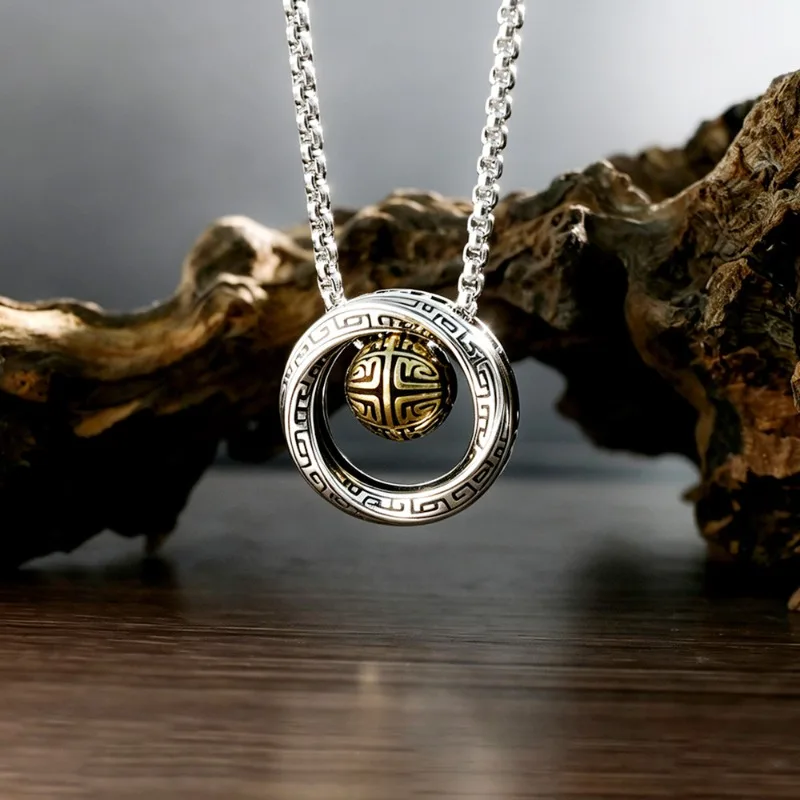 Unisex Mobius Spinner Bead Necklace Imitation Thai‑Silver Hollow Ring Cool Minimalist Trendy Clavicle Neck Accessory