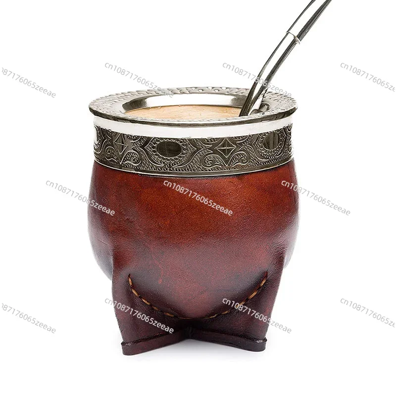 Cup With Leather Shell Insulated  Tea Cup With Bombilla Straw Set