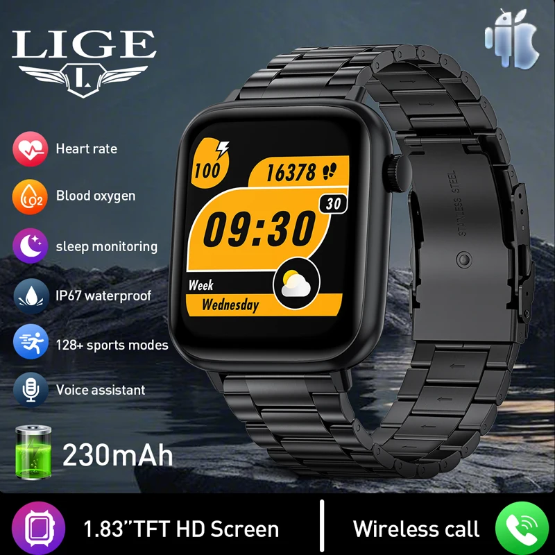 LIGE Smart Watch Men 1.83'' 3D Curved Glass Screen Bluetooth Call Watches Waterproof Sports Fitness Smartwatch Women For Xiaomi