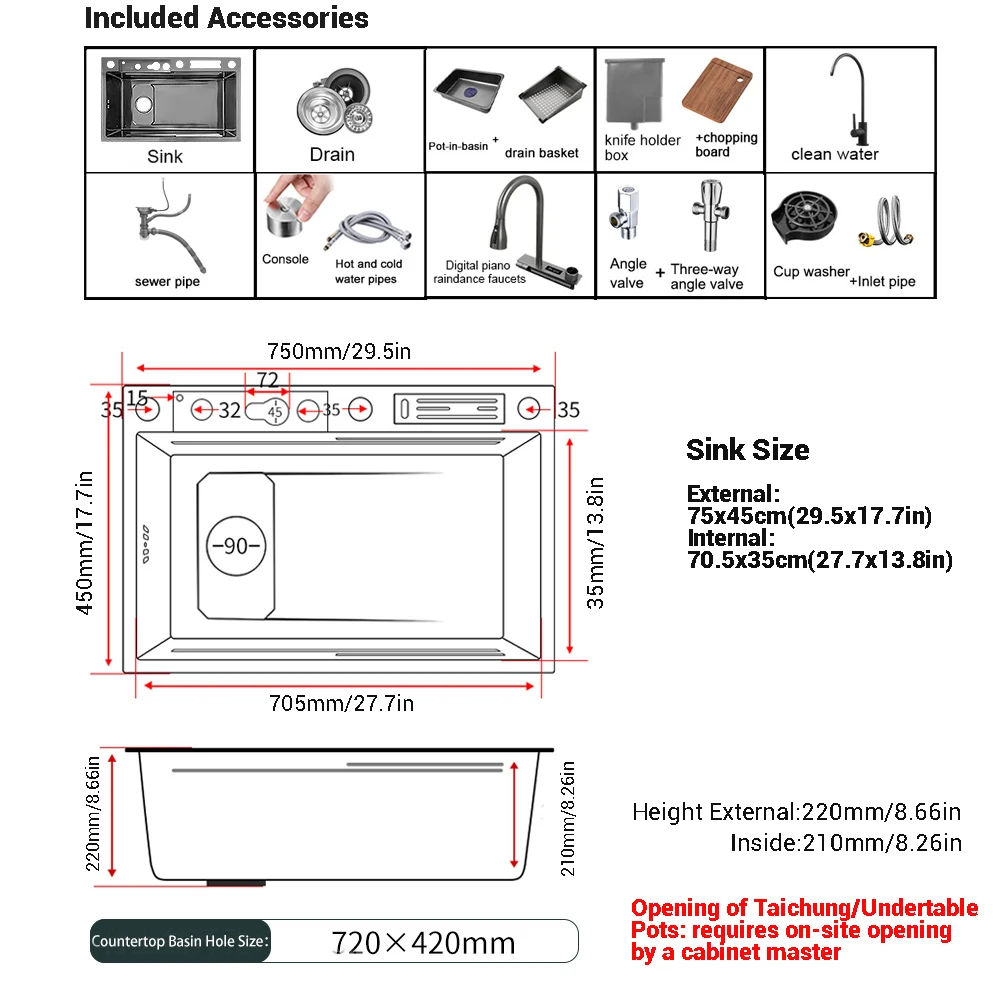 Left Drainage Kitchen Sink Single Bowl Kitchen Sinks Flying Rain Digital Display Waterfall Sink With Pull Down Sprayhead Faucet