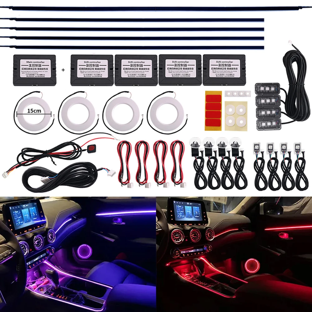 18 In 1 22 In 1 Car LED Ambient Lights RGB 64 Colors Interior Lighting Acrylic Strip Backlight Guide Decoration Atmosphere Light