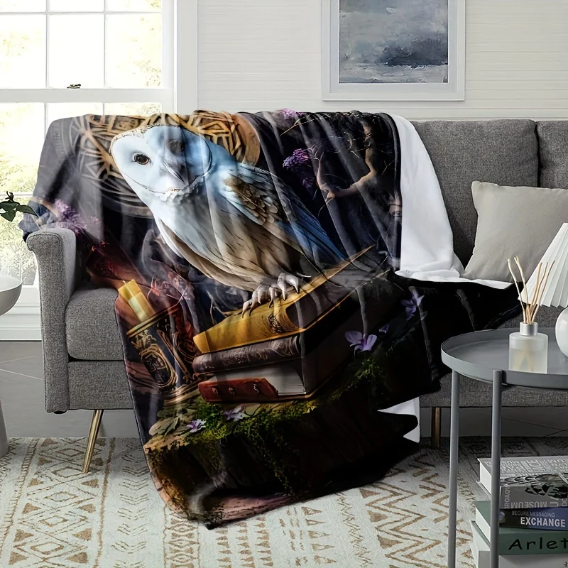 Vintage Owl Flannel Throw Blanket, Mystical Forest Design for Sofa Camping, All Season Tear Resistant, Hypoallergenic Gift