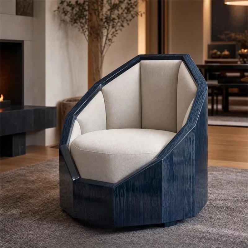 Linen octagonal casual blue wood grain outer frame single sofa chair