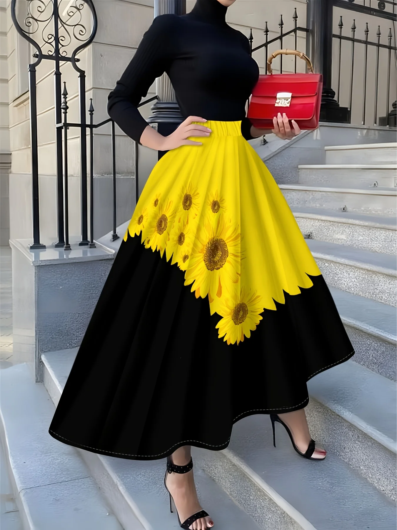 Damen Midirock mit hoher Taille, A-Linie, für den Sommerurlaub, tropischer Print, plissiert, fließend, für Party, Büro, Freizeit, Arbeitskleidung