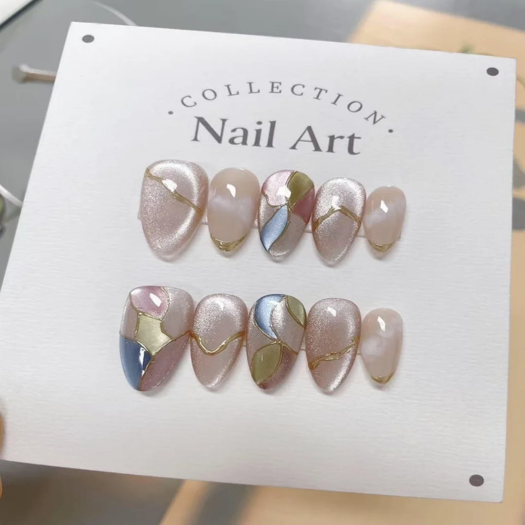 

Colored glasses cat eyes custom press on nails, hand painted false nails, artist artificial nails, reusable high quality nails