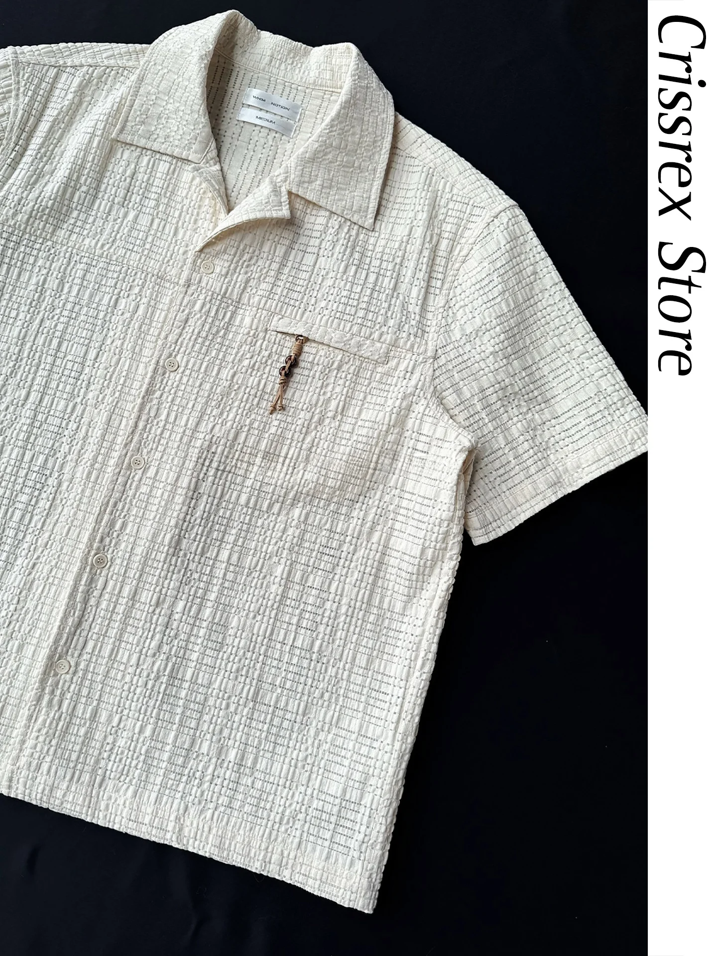 

WHIMNOTION Crissrex Store Goat Skin Beaded Cuban Collar Hollow out ort Sve irt Casual Breathable Youth ular Loose Fit