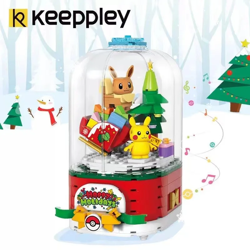 Pokemon Figures Pikachu Eevee Rotating Christmas Music Box Assembled Blocks Toys Desktop Decoration Model Children\'s Toys Gifts