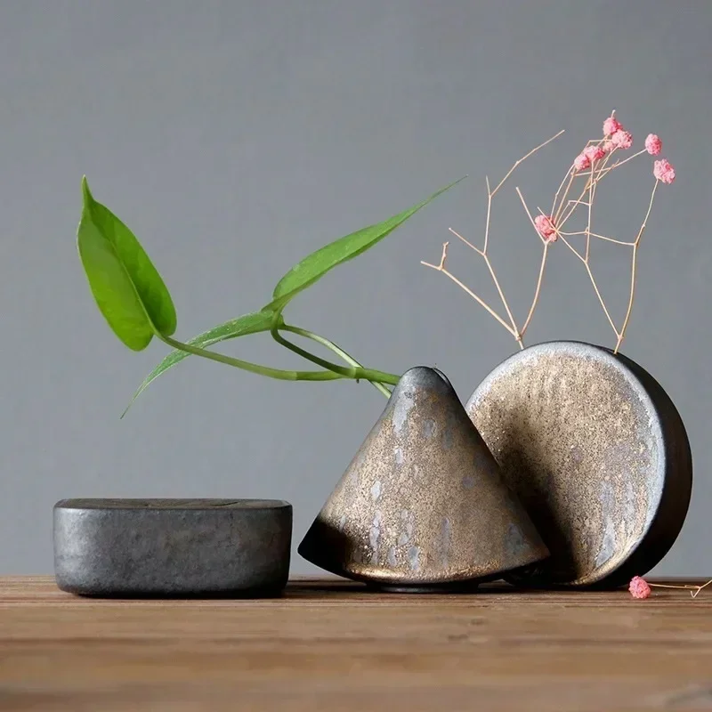 Rustic Ceramic Vase for Zen Flower Arrangement, Retro Tabletop Decor Pottery Vase