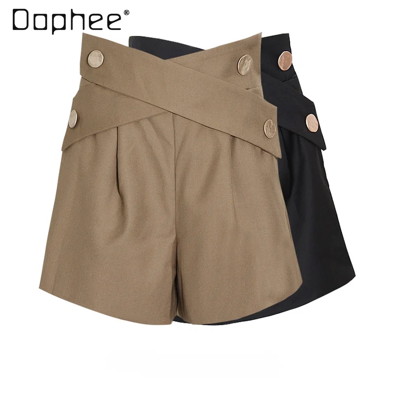 

Women Suit Shorts Cross Design High Waist A-line Loose Wide Leg Short Pants Zipper Back Summer Elegant Office Lady Commute