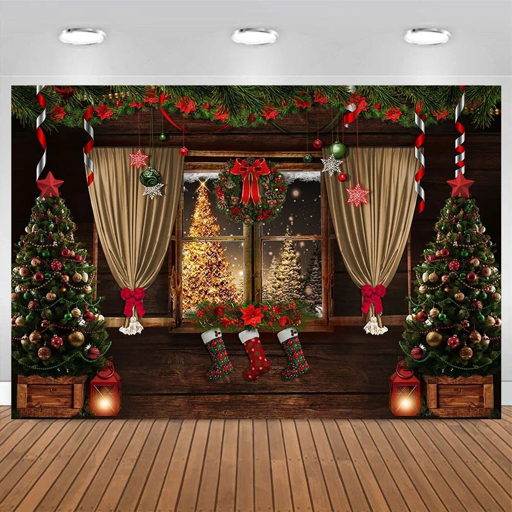 Mocsicka Christmas Decoration Photography Backdrop Xmas Tree Stocking Wooden Wall Curtain Window Background Family Baby Photo image 2
