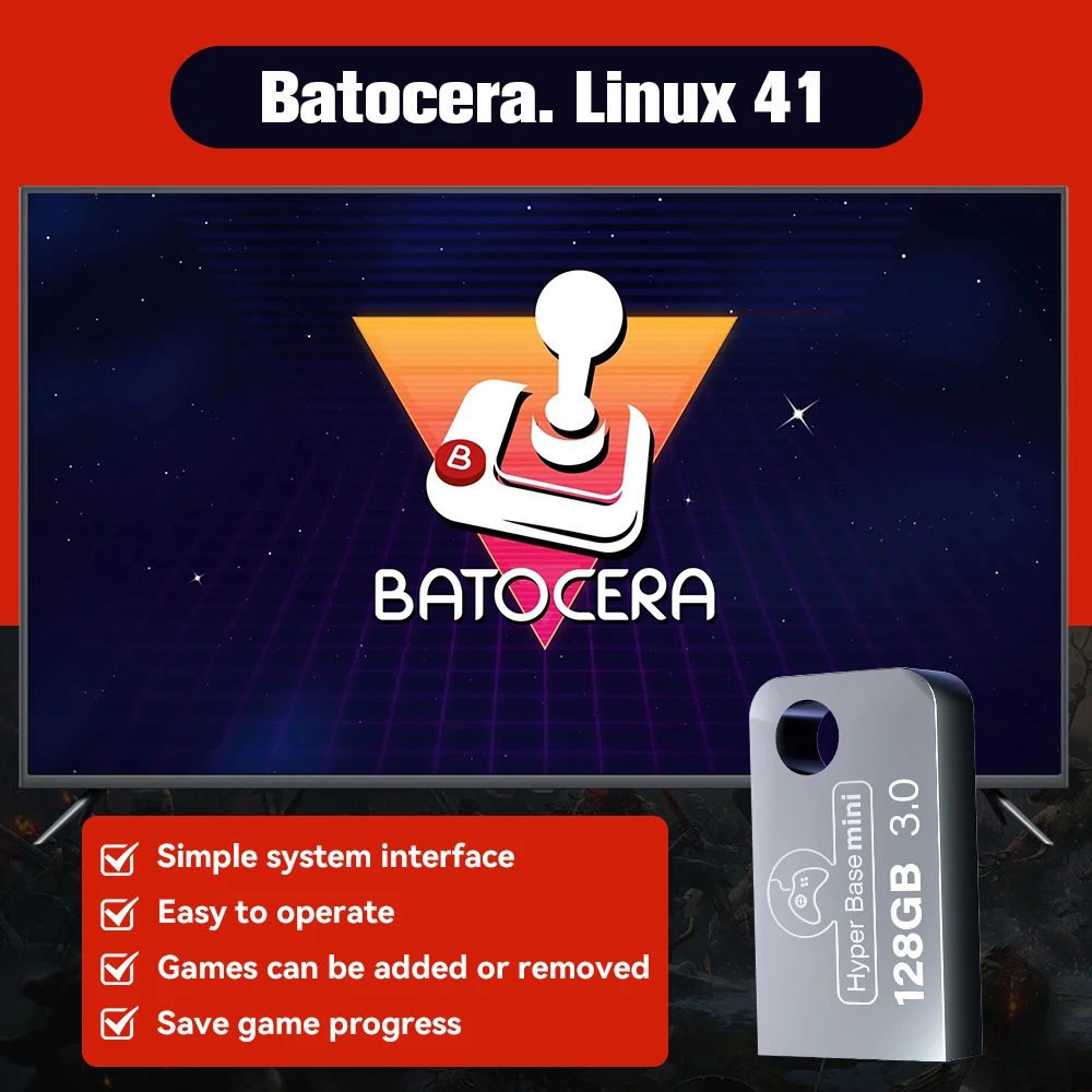 Batocera 128G bâton de jeu avec plus de 43000 jeux rétro émulateurs Plug & Play pour PS3/PS2/PS1/N64/NES/MAME pour Steam Deck/PC/ordinateur portable
