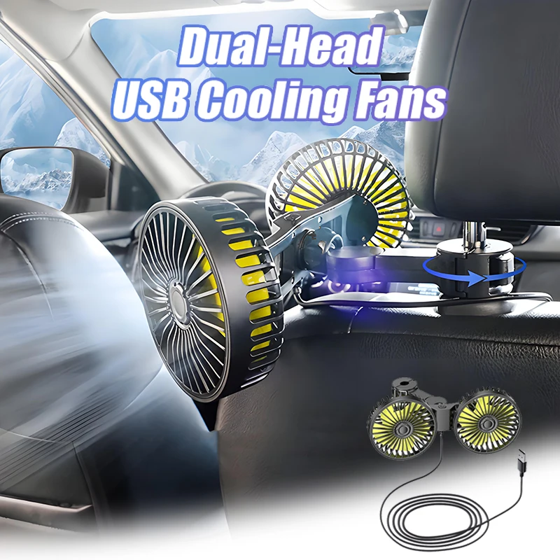 Silent Car Cooling Fan Dual-Head 360-Degree Rotation Headrest Fan Back Seat Air Circulation USB Electric Fan 3-Speed Strong Wind