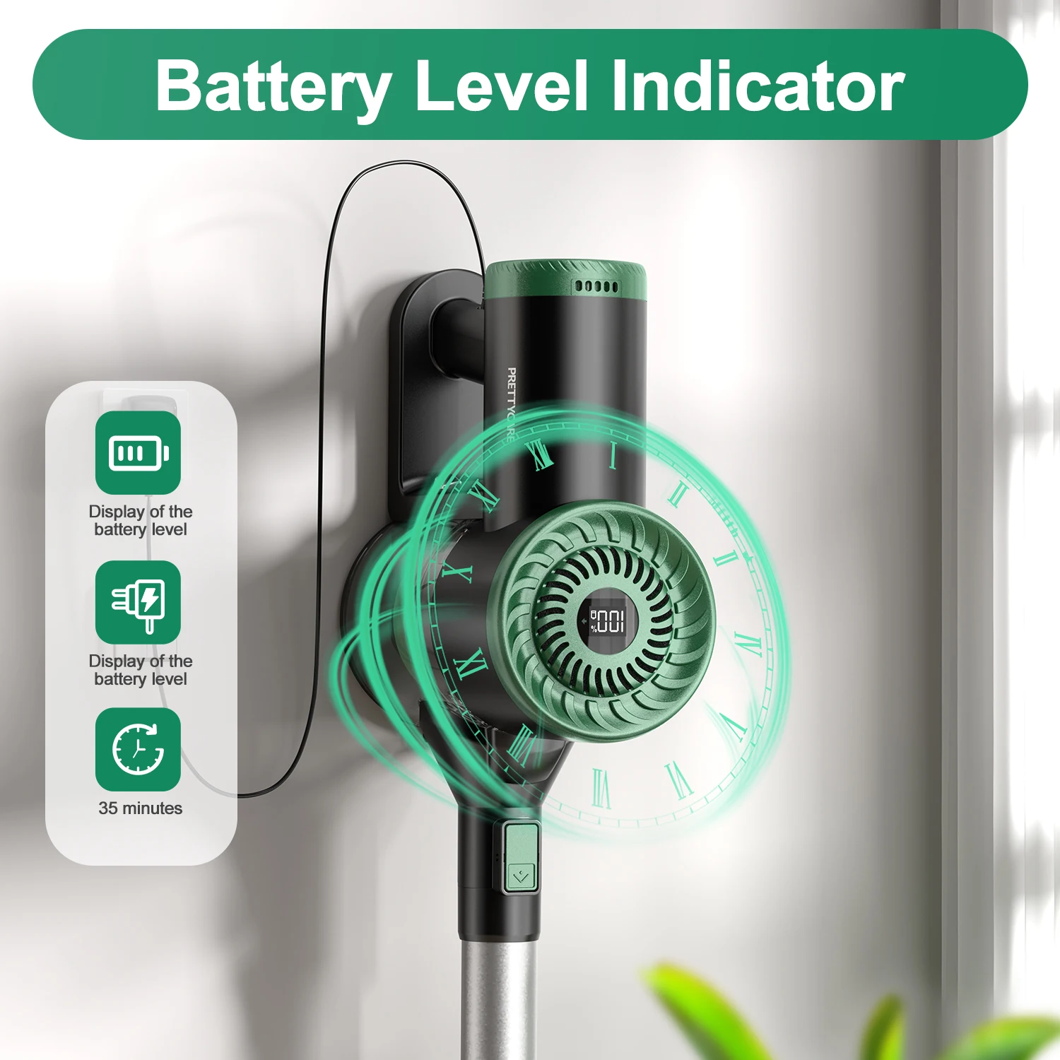 PrettyCare WP1 Cordless Vacuum Cleaner 25 Kpa 35Minutes Stick Vacuum Cleaner With Battery Level Display For Home Pet Hair Area