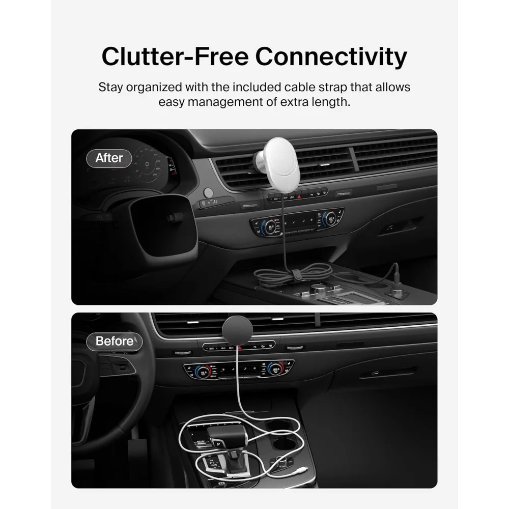 15W急速ワイヤレスカーチャージャー、マグネット式エアコン吹き出し口取り付け、iPhone 17/16/15/14/13、Pixel 10対応 - ホワイト