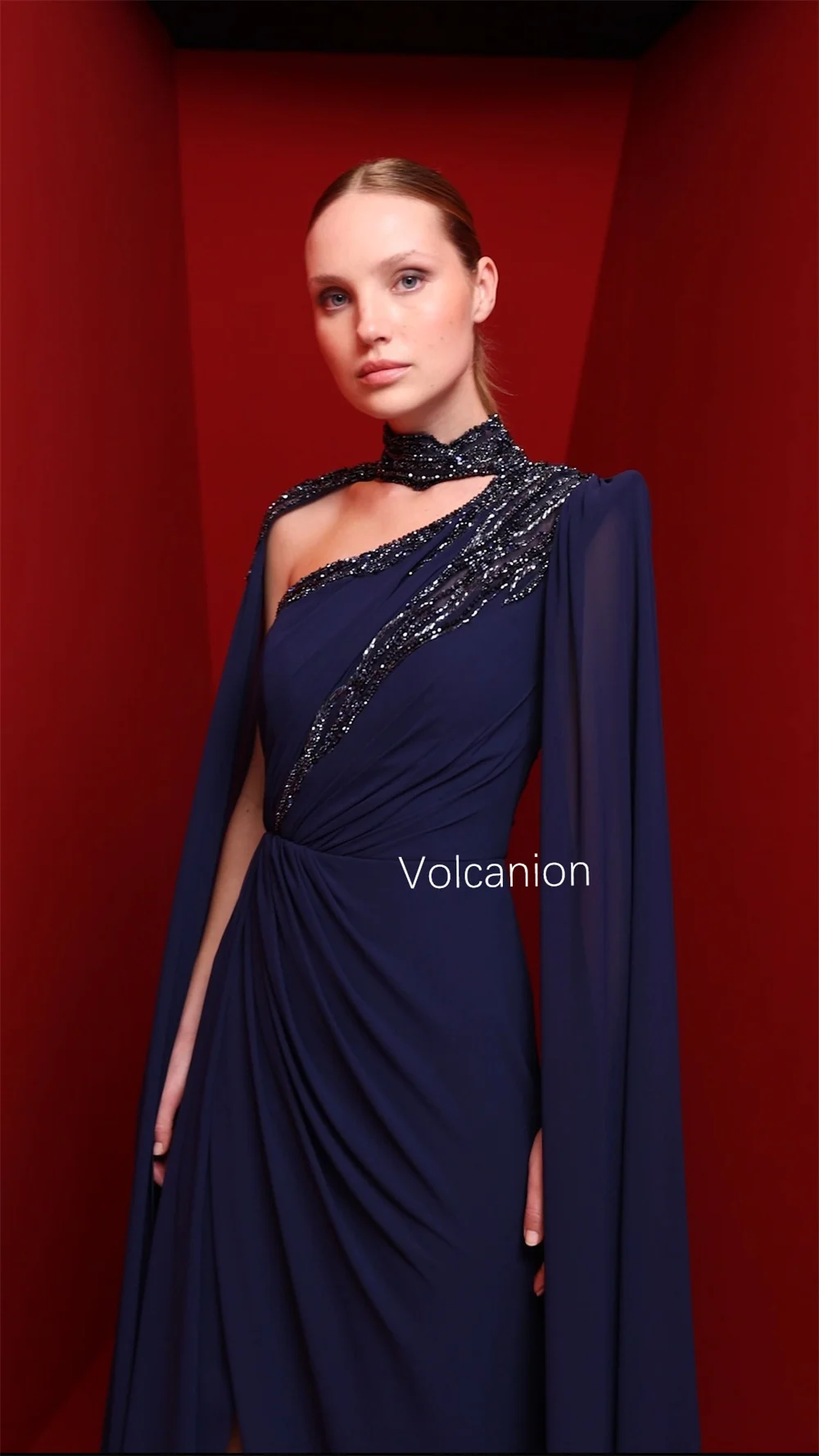 Customized Chiffon Pleat A-line High Collar Long Dresses Bespoke Occasion Cocktail Exquisite Fashion Matching