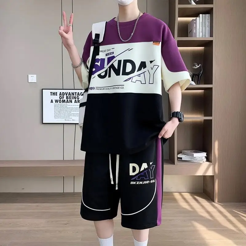 

Summer Casual round Ne ort Sve Matching Two-Piece Set for Men Faionable Loose Splice Sle Winter Collection