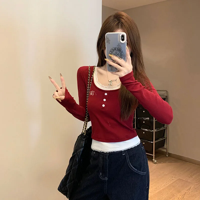 Spring Sweet Lace Slim Short Style Pullovers Women Vintage Chic Embroidery Fake Two Pieces O-neck Knitted Tops