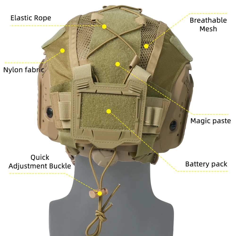 BOOIU Tactical Helmet Cover with Battery Rear Pouch for Fast Helmet Paintball Hunting Shooting Gear - 500D Nylon