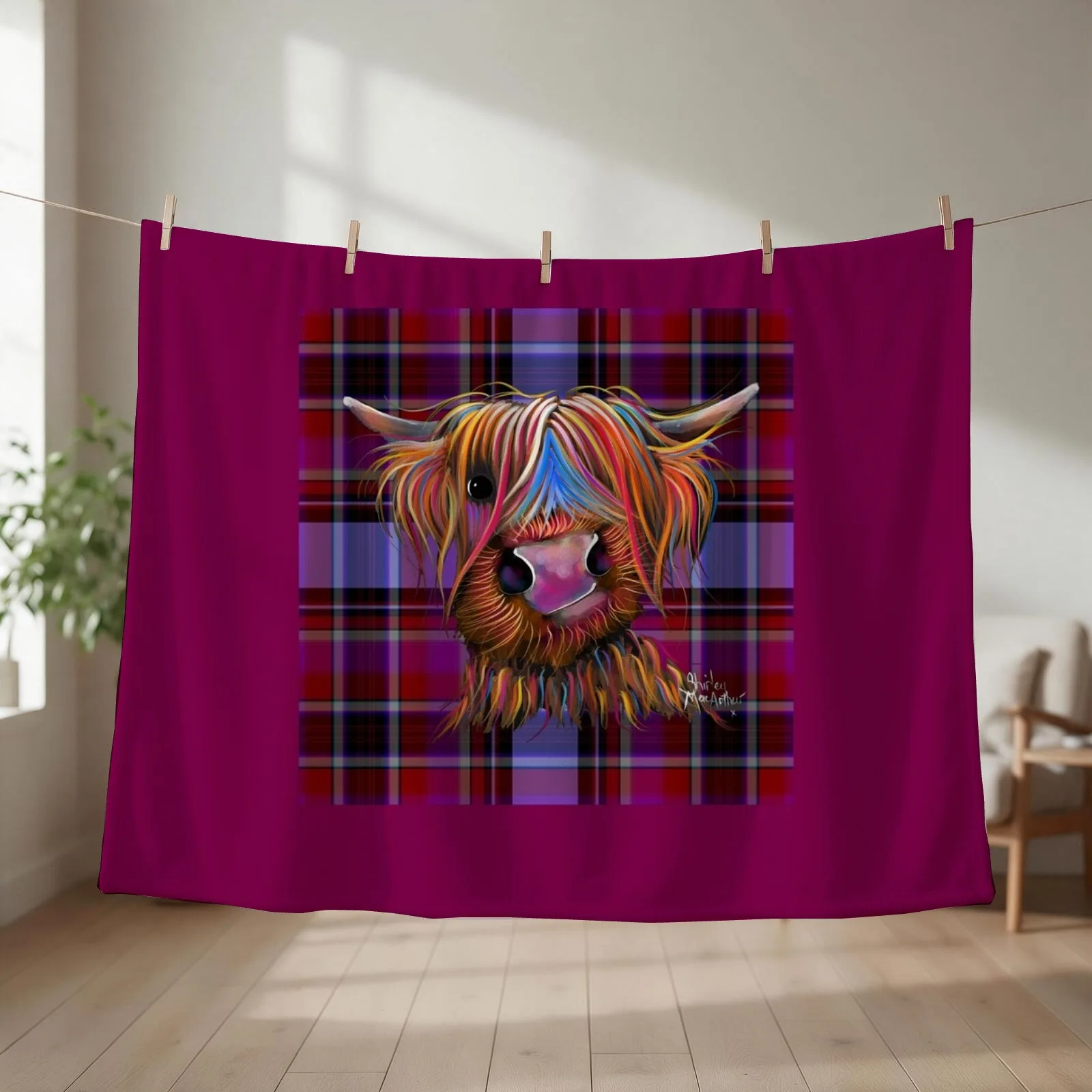HiGHLaND CoW PRiNT ' TaRTaN BRuCe P ' BY SHiRLeY MacARTHuR Throw Blanket Sofa halloween Furrys Blankets