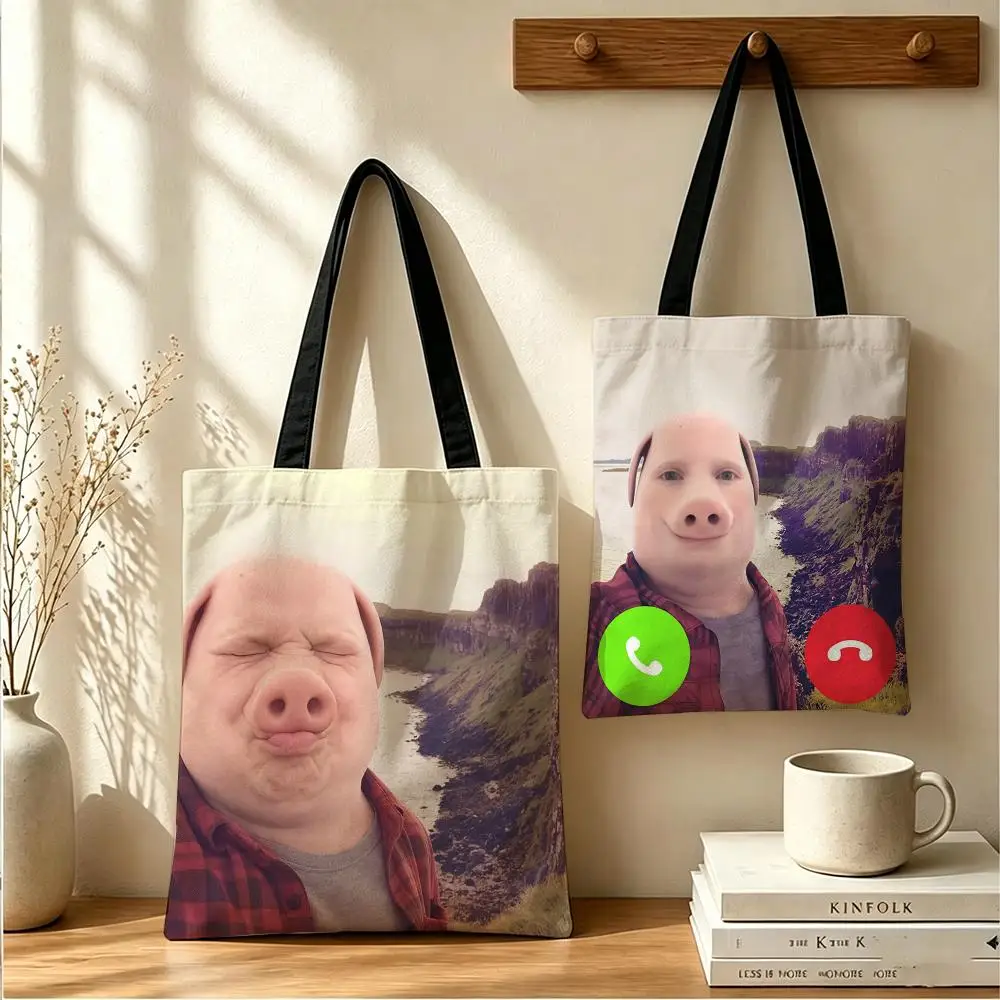 John Pork Is Calling Storage Bags Large Canvas Tote Bag Double-Sided Print Reusable Shoulder Handbag for Daily Shopping
