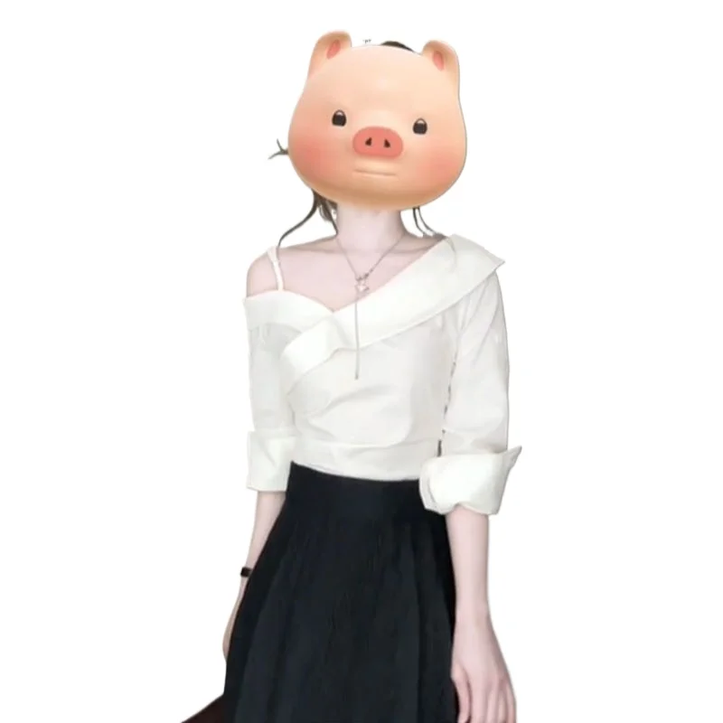 

Korean Design Sense, Niche White One-shoulder Shirt Top, Black Umbrella Skirt, Mid-lengt Temperament Two-piece Set for Summer