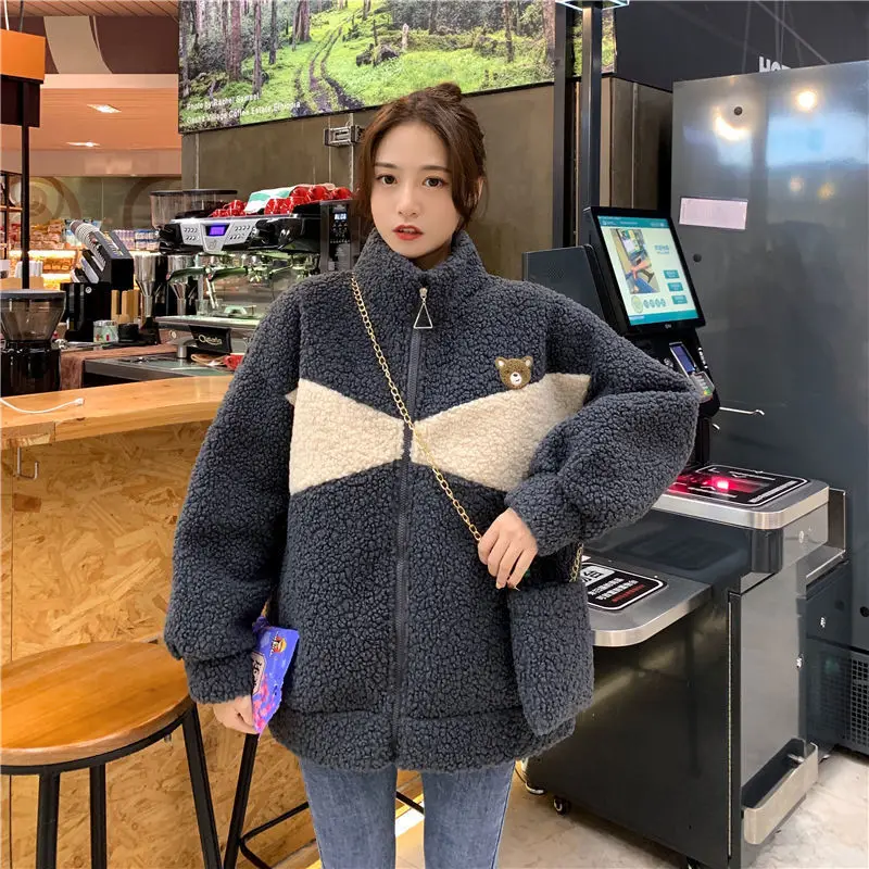 Lamb Wool et With Hood Woman Puffer Sporting Autumn Spring Slimming Batwing Morning Fancy Pockets Fitness Striped Motorcycle