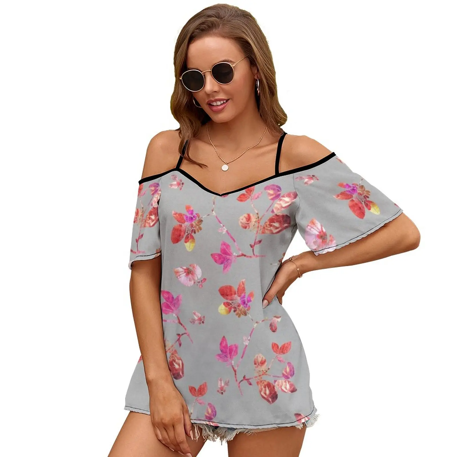 Bloom Sexy And Club Fashion Female T-Shirt Short Sleeve Off Shoulder Lady T Shirts Floral Flowers Nature Pattern Roses Hibiscus