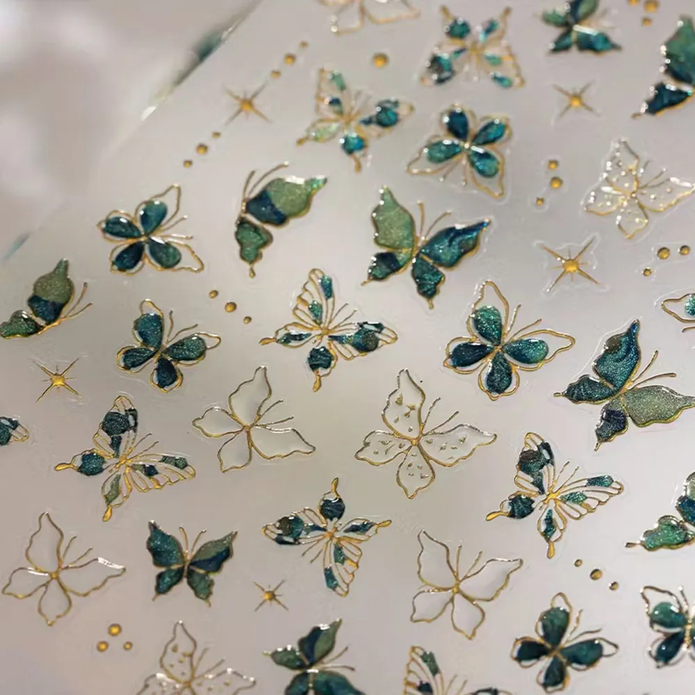 1 unidad de pegatinas para decoración de uñas con mariposa verde dorada bronceadora de gelatina, diseño de brillo con Flash 5D, adhesivo para decoración de uñas, accesorio de manicura