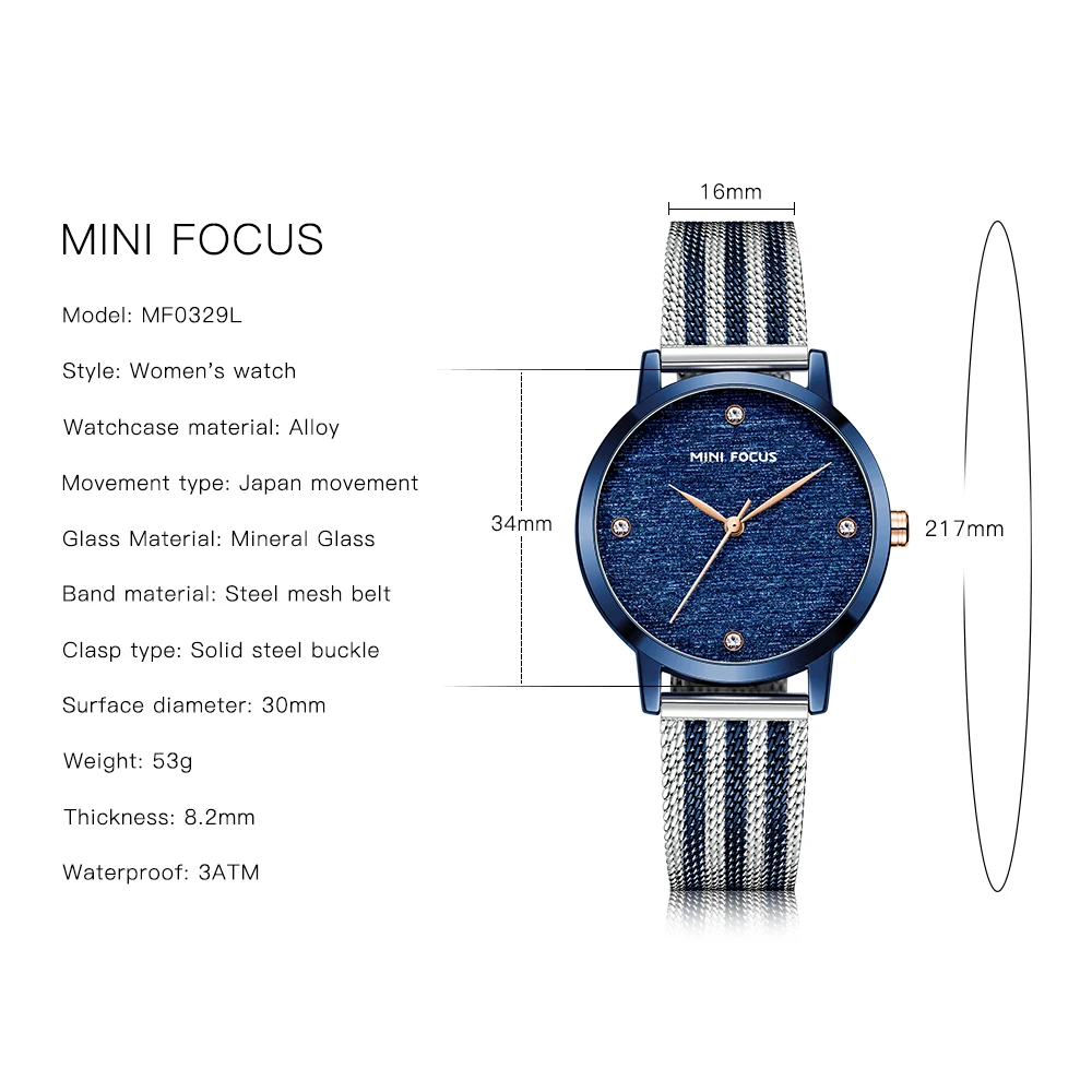 MINI FOCUS Luxury Women's Watch Japanese Quartz Movement Wrist Watches Elegant Milanese Mesh Band  Minimalist Dress Watch 0329L