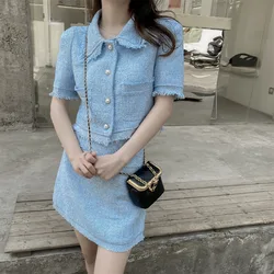 New Two Piece Set Women Small Fragrance Summer Elegant Tassel Tweed Short Sleeve Coat Crop Top + Mini Bodycon Skirt Women's Suit