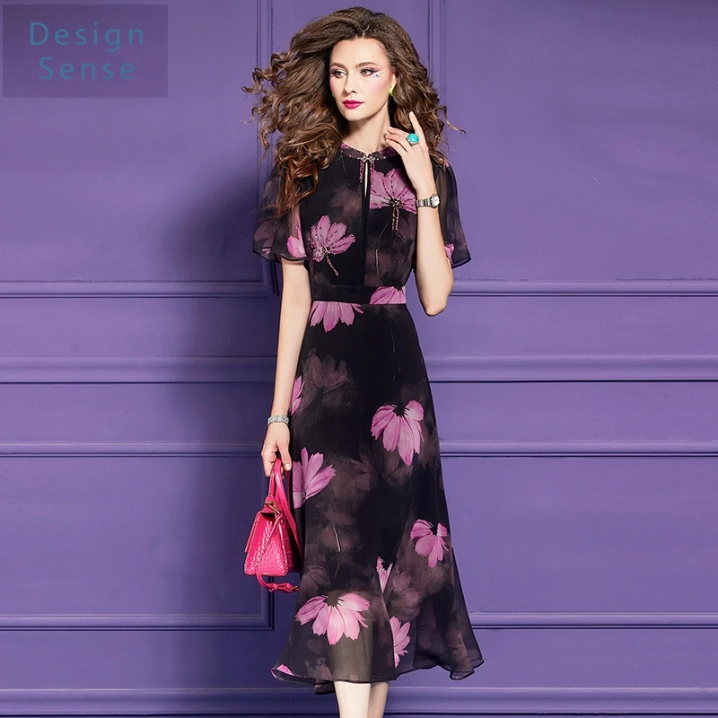 Damen-Pendlerkleidung, bedrucktes schwarzes Kleid, Sommer, junger Stehkragen, perlenbesetzter, hüftenger, leichter und modischer Hemdrock