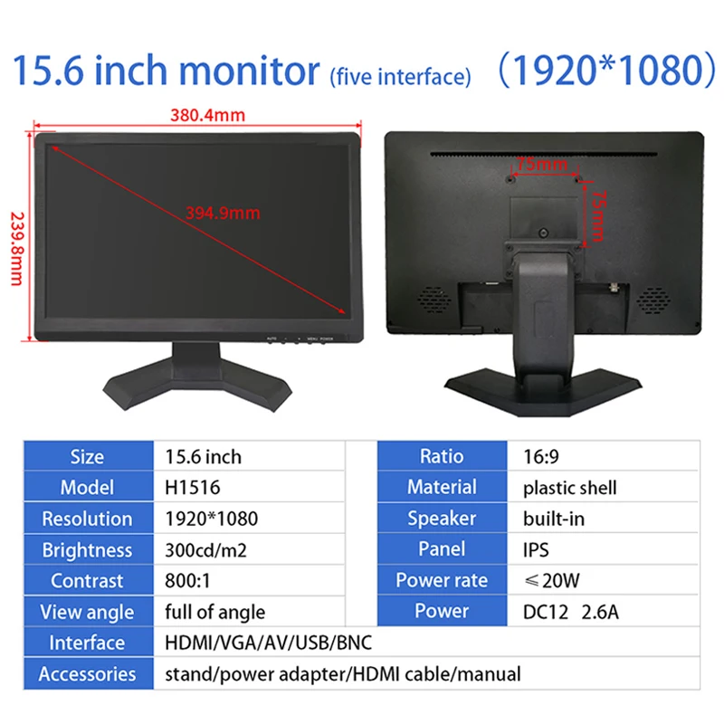 Imagem -06 - Zhixianda-monitor Lcd de Plástico Diaplaying Industrial com Bnc av Usb Hdmi Interface Vga 15.6 1920x1080