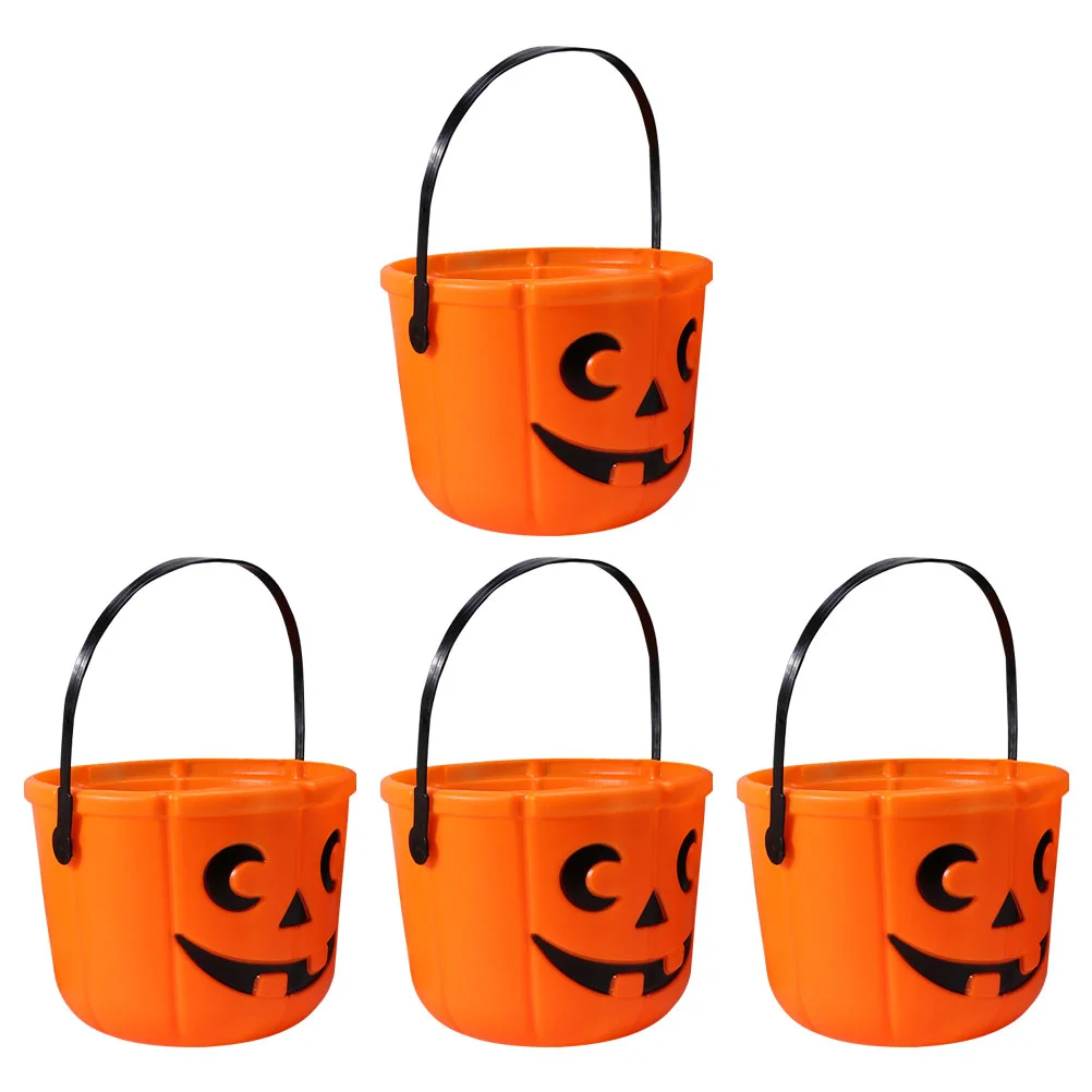 4 Pcs Pumpkin Bucket Halloween Candy Containers Plastic Handles Decor Design Holder Kids Party Snack Storage Gifts Bright Colors